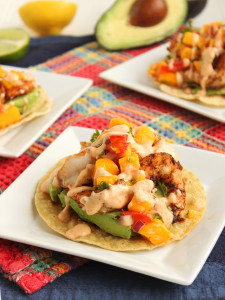 Grilled Shrimp and Avocado Tostadas with Mango Salsa and Chipotle Cream